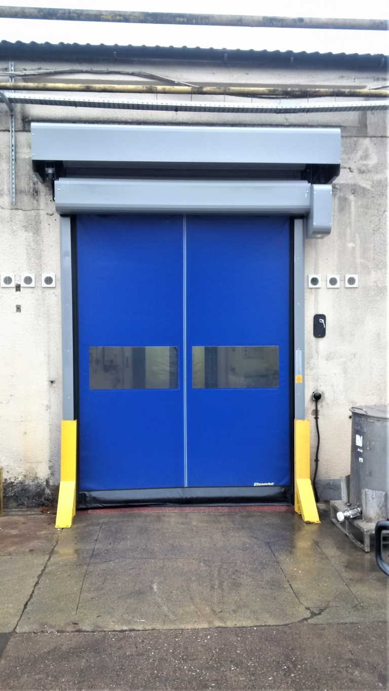blue high speed pvc door with vision panel
